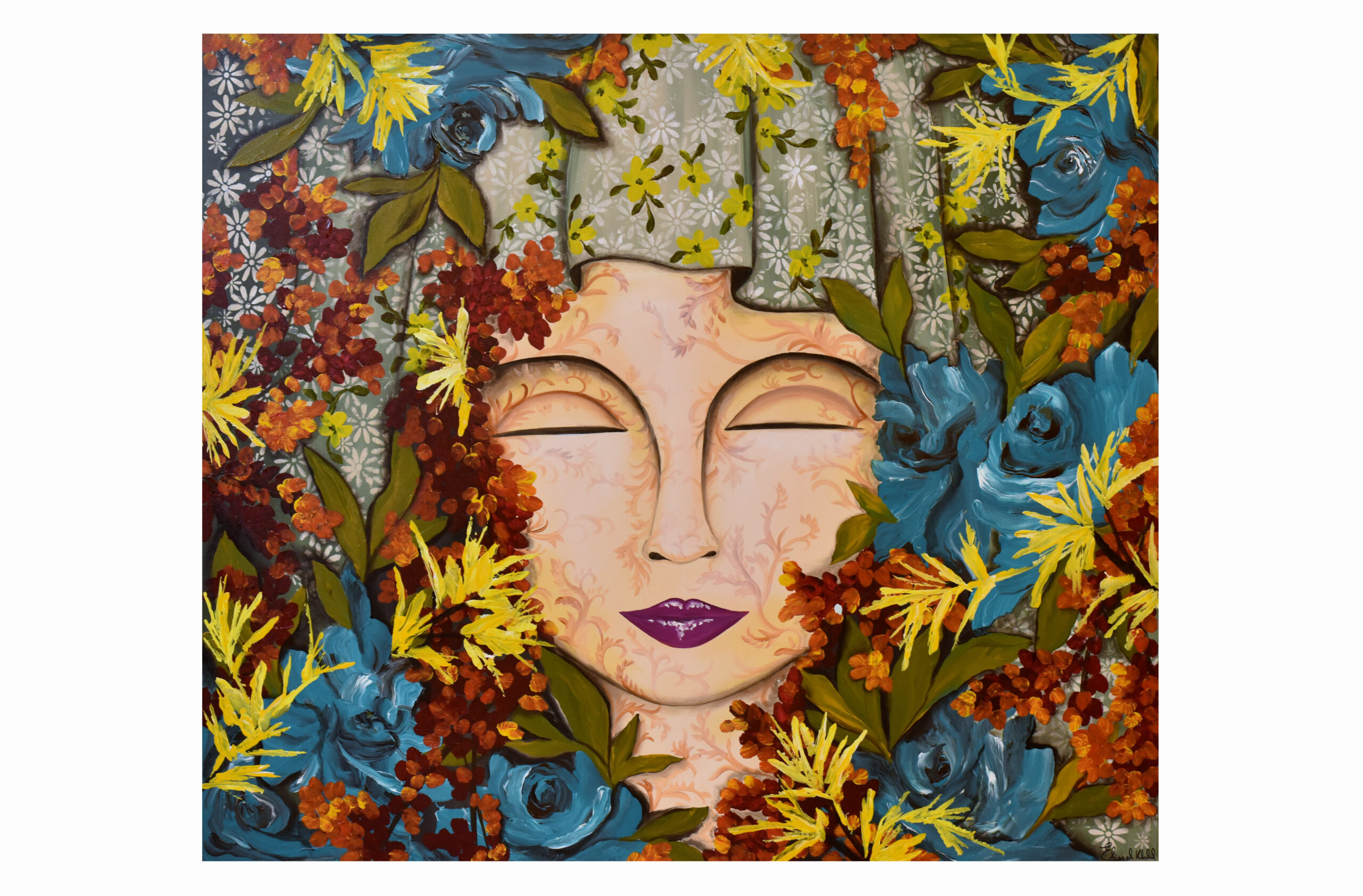 In the heart of the canvas, a gentle stream meanders through a lush meadow